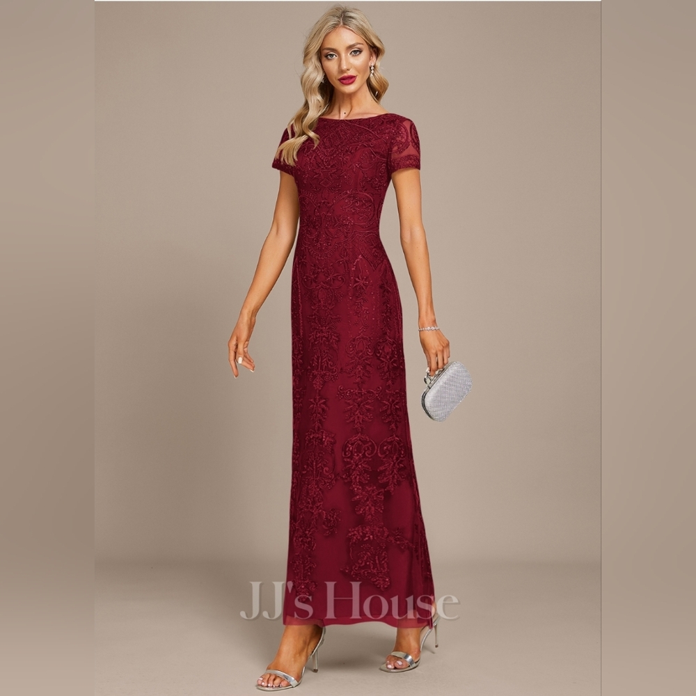 JJ's House Burgundy A-line Boat Neck Long Lace Evening Dress w/Sequins sz 2